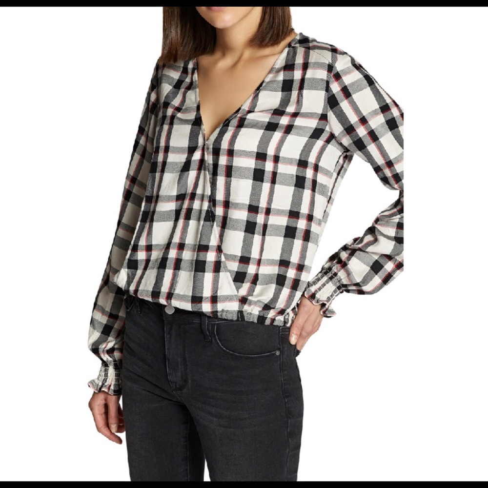 Sanctuary wrap blouse. Plaid with flattering details. Size small. NWOT.